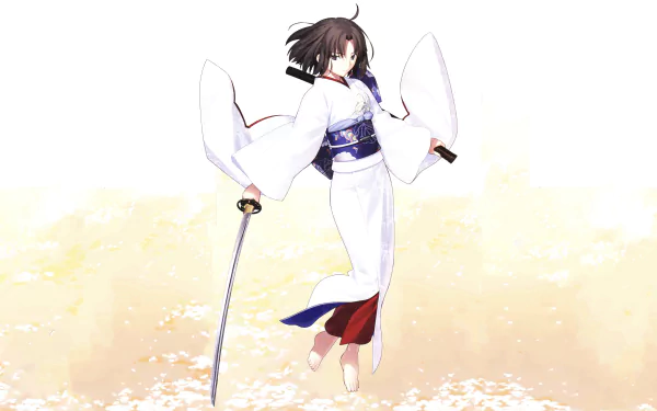 4K Ultra HD wallpaper featuring Shiki Ryougi from Fate/Grand Order and The Garden of Sinners, depicted in traditional attire holding a katana against a light background.