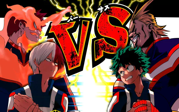 HD My Hero Academia wallpaper featuring Toshinori Yagi (All Might), Endeavor, Shoto Todoroki, and Izuku Midoriya facing off with a bold VS graphic.