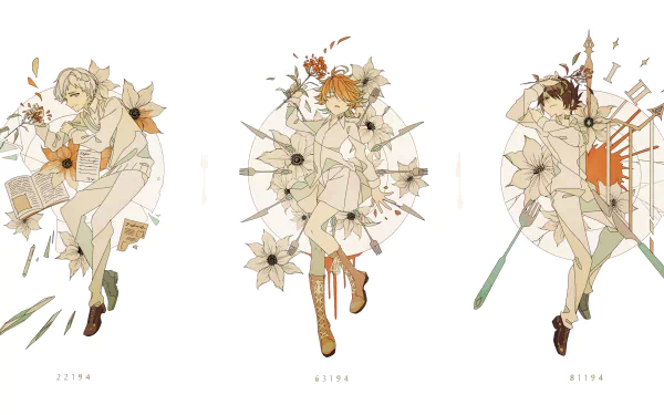 HD desktop wallpaper featuring Ray, Norman, and Emma from the anime The Promised Neverland, surrounded by artistic floral motifs.
