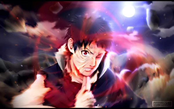 HD desktop wallpaper featuring Obito Uchiha from Naruto, showcasing his Mangekyō Sharingan eye ability amidst a dramatic and fiery background under a full moon.