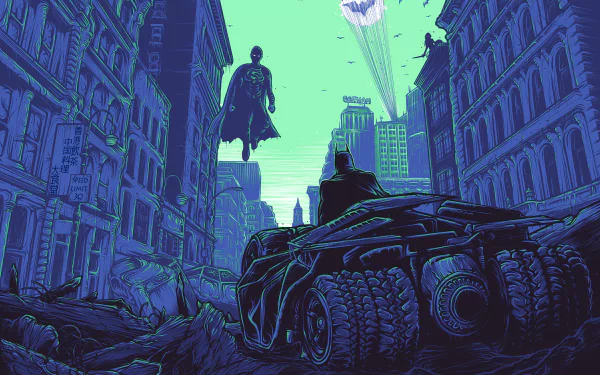 HD PC wallpaper featuring Batman with the Batmobile, Superman flying above, and Wonder Woman in a dynamic comic-style cityscape from DC Comics.