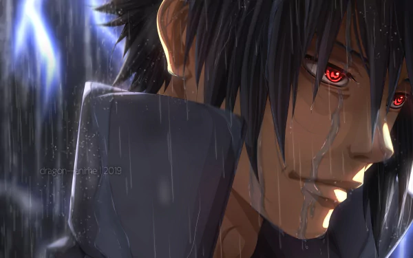 HD desktop wallpaper featuring Sasuke Uchiha from Naruto with black hair and red eyes, standing in the rain.
