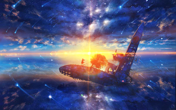 HD desktop wallpaper featuring an anime-style airplane flying through a starry sky at sunset, with reflections of trees and shooting stars visible.