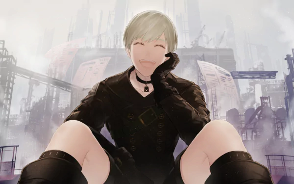 YoRHa No.9 Type S from NieR: Automata, smiling seated with knees forward against a foggy industrial skyline — HD PC desktop wallpaper/background.