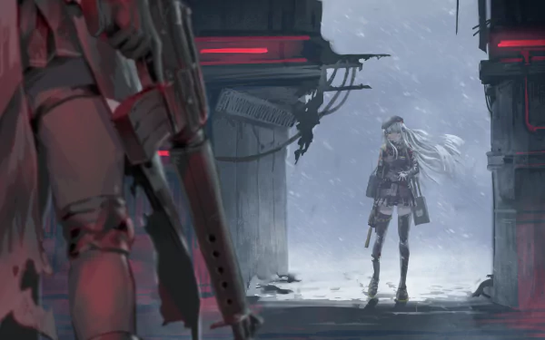HD wallpaper featuring characters M16A1 and HK416 from the video game Girls' Frontline, showcasing a dramatic scene with weapons drawn in a snow-covered setting.