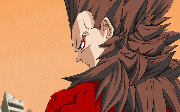 Super Saiyan 4 Vegeta from Dragon Ball GT in red fur, intense profile with wild hair against an orange sky — HD anime PC desktop wallpaper background