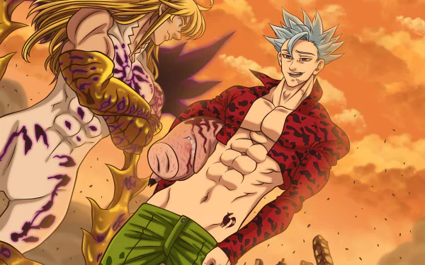 4K Ultra HD anime wallpaper: Ban grins amid a fiery sky beside Meliodas' demonic form with Hawk — The Seven Deadly Sins.