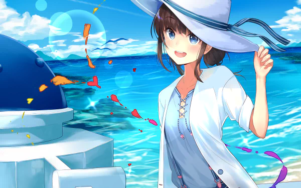 Anime-style summer beach scene with clear blue sky, sparkling sea, and a girl in a wide-brimmed hat, captured in vibrant HD for a PC desktop wallpaper background.