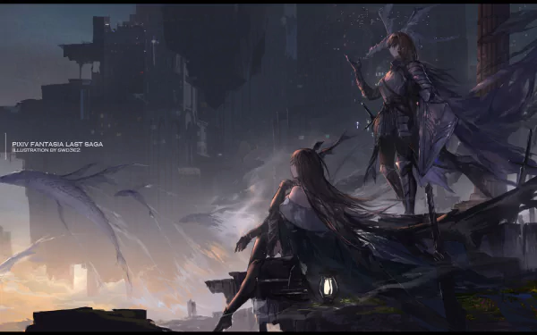 Anime Pixiv Fantasia Last Saga HD PC desktop wallpaper background: two cloaked warriors on a cliff overlooking a ruined city at dusk, dramatic lighting and windswept capes.