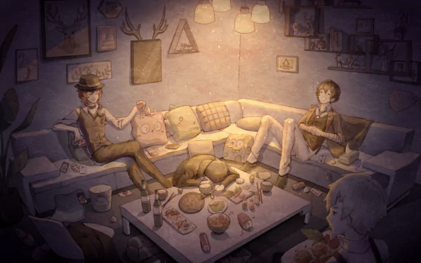 HD anime desktop wallpaper featuring Chuuya Nakahara, Osamu Dazai, Atsushi Nakajima, and Ryūnosuke Akutagawa from Bungou Stray Dogs in a cozy, dimly lit room.
