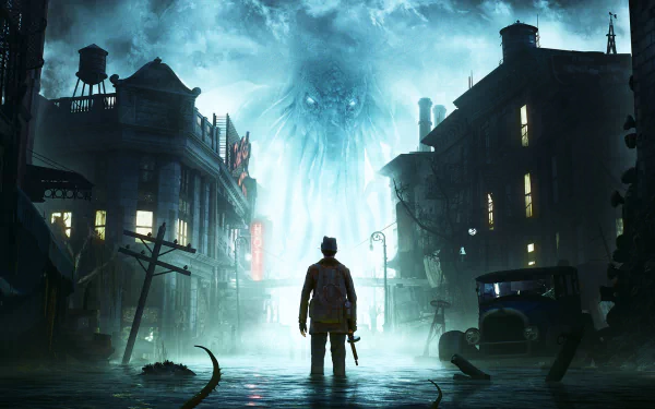 HD PC desktop wallpaper featuring a dark, eerie cityscape from the video game The Sinking City, with a lone figure facing a massive, glowing sea creature in the flooded streets.