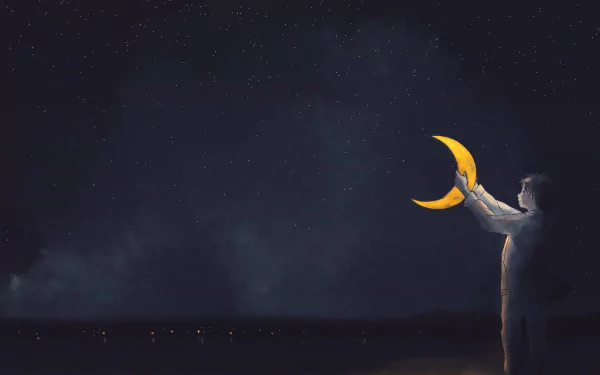 Anime-themed HD PC desktop wallpaper featuring a night scene with a figure reaching out to hold a glowing crescent moon against a starry sky.