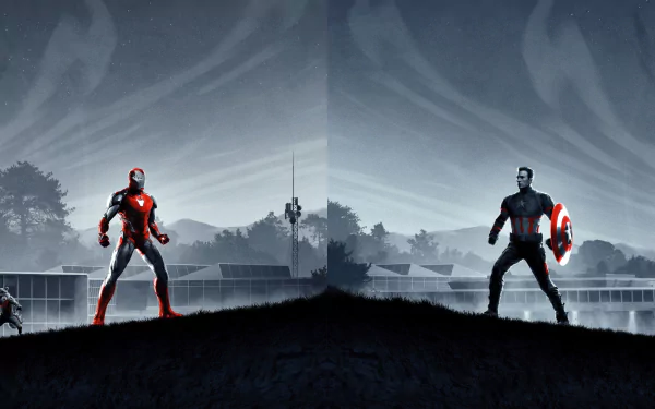 8K Ultra HD wallpaper featuring Iron Man and Captain America facing off, inspired by Avengers Endgame with characters like Rocket Raccoon, Black Widow, Thor, and more.