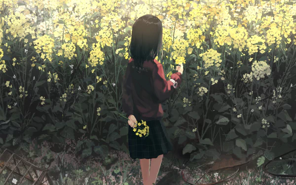 Anime-style HD desktop wallpaper featuring a short-haired character with black hair, holding a yellow flower and a watch, standing before a field of bright yellow flowers.