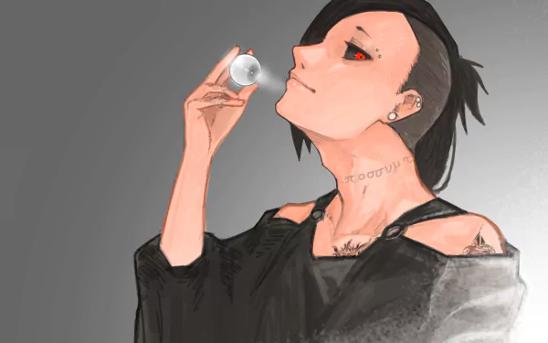 HD anime desktop wallpaper featuring Uta from Tokyo Ghoul, showcasing his distinct red eyes and dark attire in a minimalist grey background.