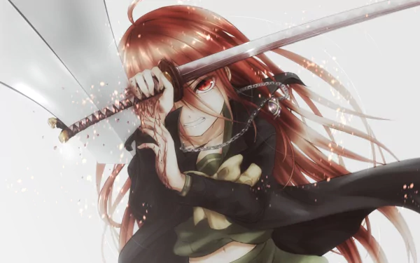 HD anime desktop wallpaper featuring Shana from Shakugan No Shana, poised with a katana, her red hair flowing dynamically against a light background.