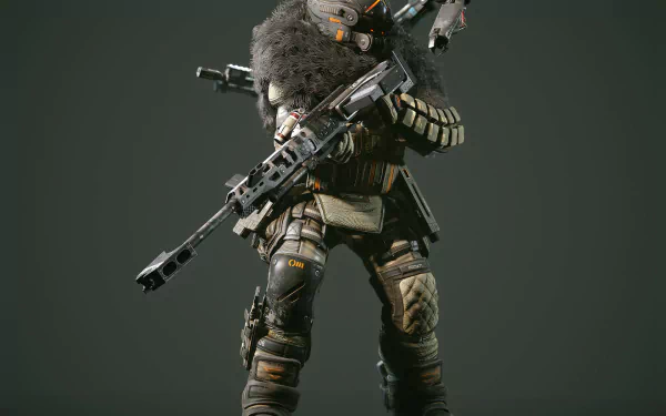 Titanfall 2 concept art: armored pilot in fur-lined combat gear wielding a long rifle under dramatic lighting — HD PC desktop wallpaper and background.