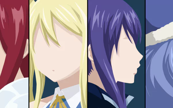 4K Ultra HD anime wallpaper featuring close-up portraits of Wendy Marvell, Erza Scarlet, Lucy Heartfilia, and Juvia Lockser from Fairy Tail.
