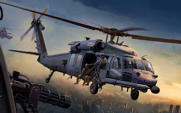HD desktop wallpaper featuring a military Sikorsky HH-60 Pave Hawk helicopter in flight during a dynamic aerial operation.