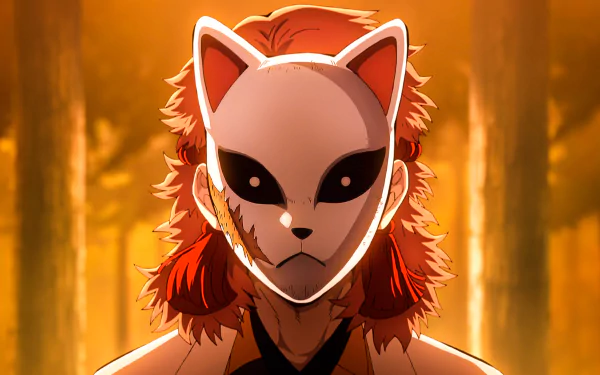 HD desktop wallpaper featuring Sabito from Demon Slayer: Kimetsu no Yaiba, wearing a fox mask with mysterious black eyes, set against a warm, forested background.