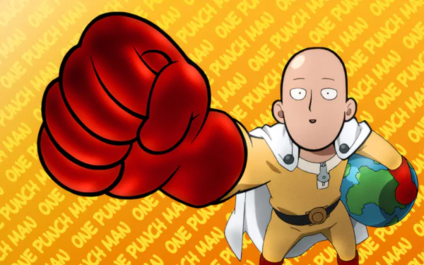HD wallpaper featuring Saitama from One-Punch Man Season 2. Saitama punches forward with a red glove against a vibrant background with One Punch Man text repeated.