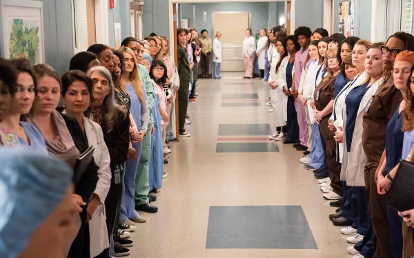 HD wallpaper of Grey's Anatomy with characters lining a hospital corridor, creating a background scene.