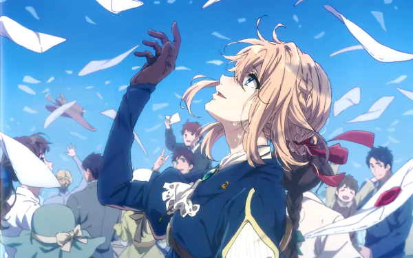 HD desktop wallpaper featuring Violet Evergarden from the anime Violet Evergarden, looking upwards amidst a flurry of flying papers, with people celebrating in the background.