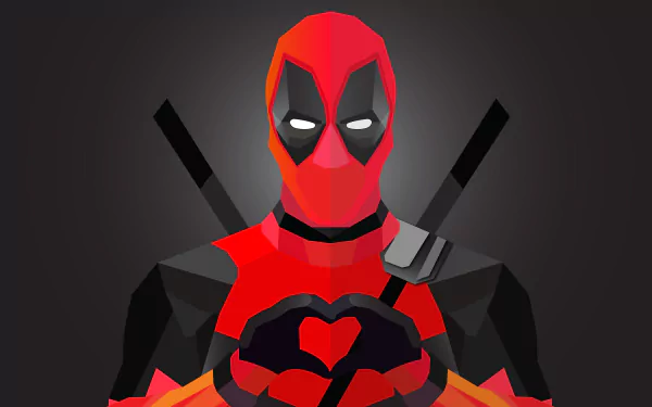 Minimalist Deadpool comic art in bold red and black, designed as a 4K Ultra HD PC desktop wallpaper with geometric shapes and a dark background.