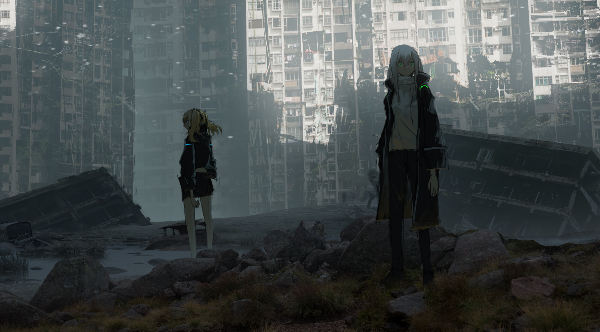 HD wallpaper featuring an original anime scene with two characters standing amidst a post-apocalyptic urban landscape, with dilapidated buildings in the background.