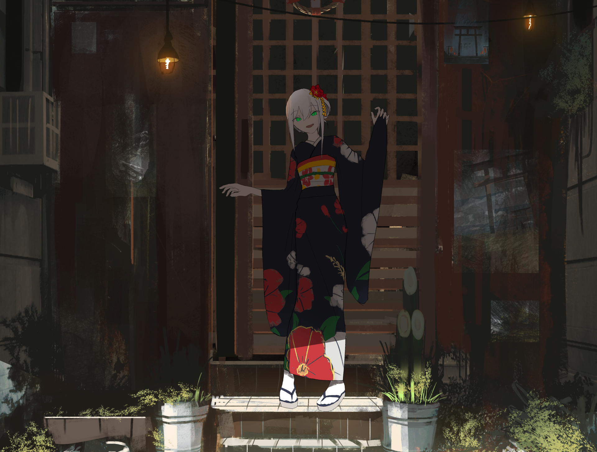 HD desktop wallpaper featuring an anime geisha in traditional attire, standing gracefully in a dimly lit, atmospheric setting.