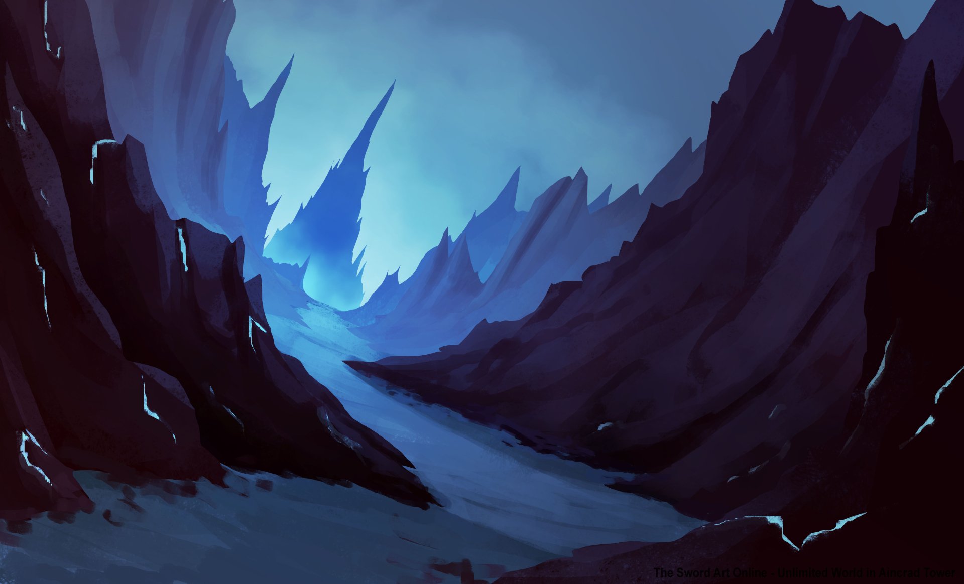 A 4K Ultra HD fantasy landscape depicts jagged, dark mountains under a deep blue sky, creating a mysterious and immersive fantasy scene for a PC desktop wallpaper.