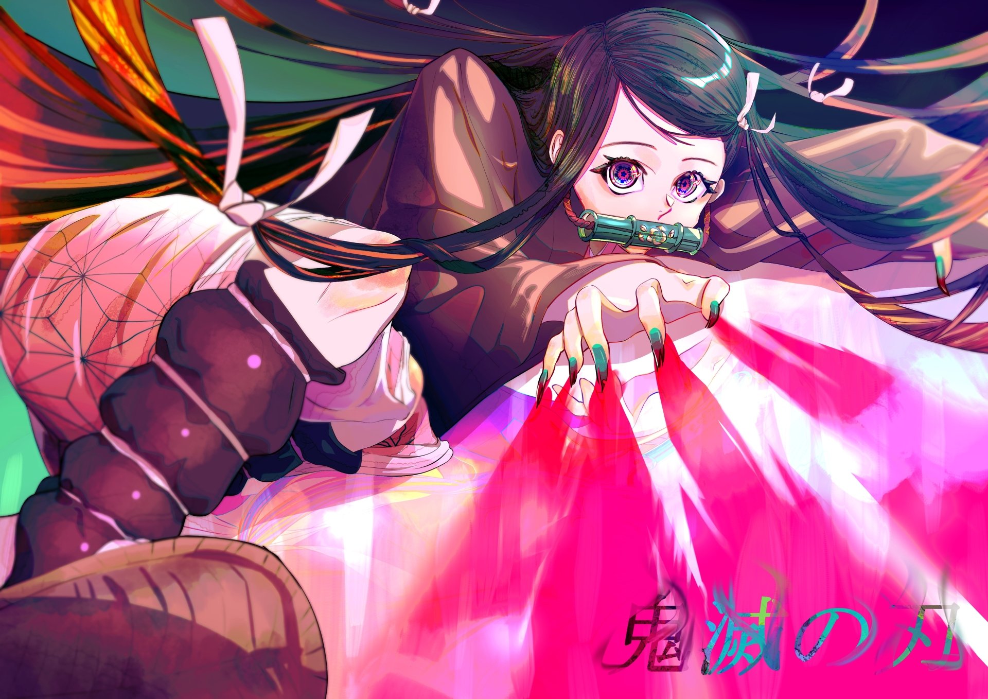 4K Ultra HD anime wallpaper featuring Nezuko Kamado from Demon Slayer: Kimetsu no Yaiba in a dynamic, colorful action pose.