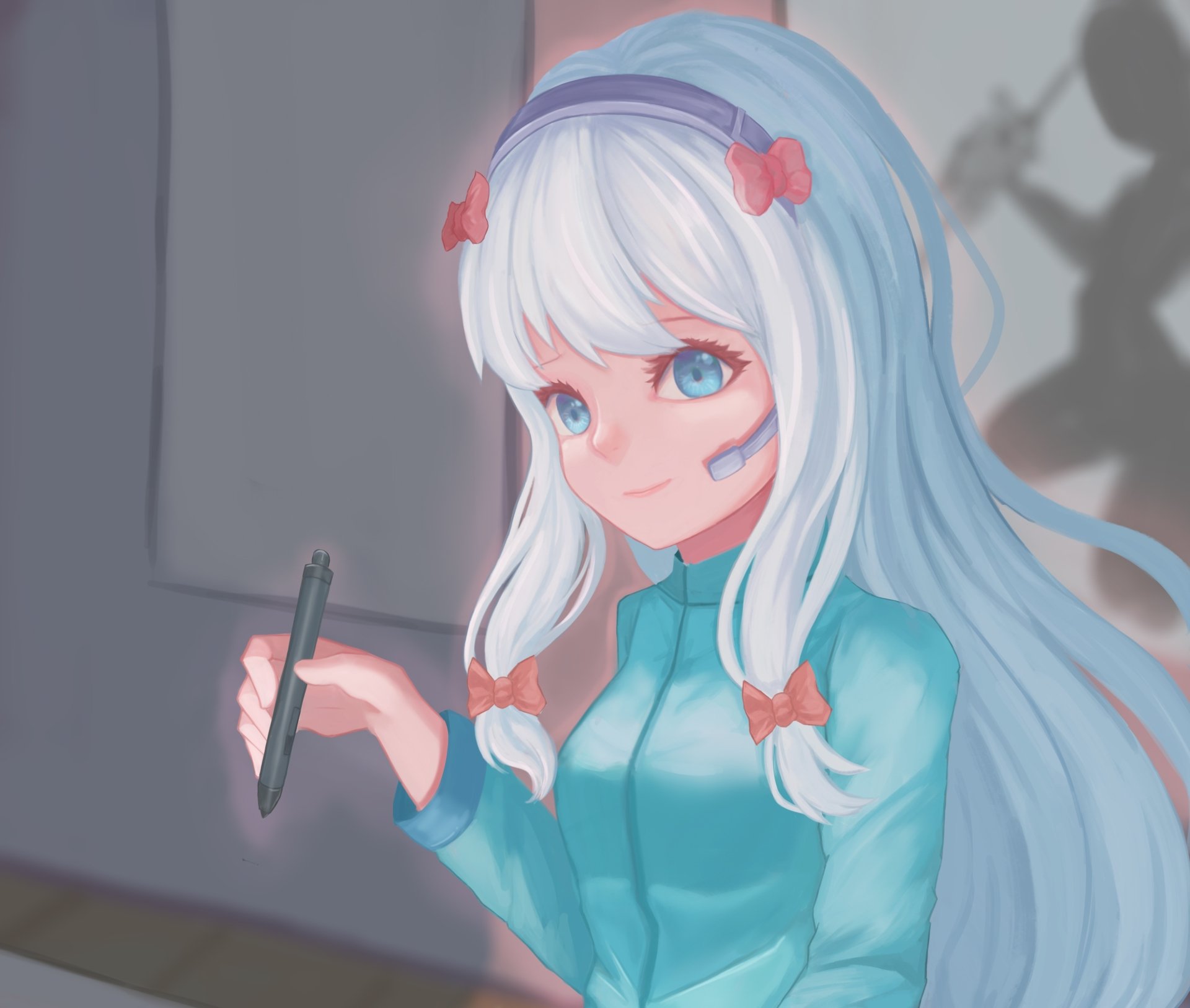 4K Ultra HD anime PC wallpaper: Sagiri Izumi (EroManga‑Sensei) — white‑haired girl with blue eyes, hair bows and teal hoodie, holding a stylus.