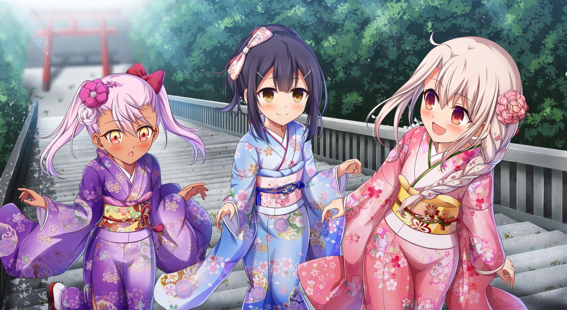 HD anime wallpaper featuring Miyu Edelfelt, Chloe von Einzbern, and Illyasviel Von Einzbern in colorful kimonos from Fate/kaleid liner Prisma Illya.