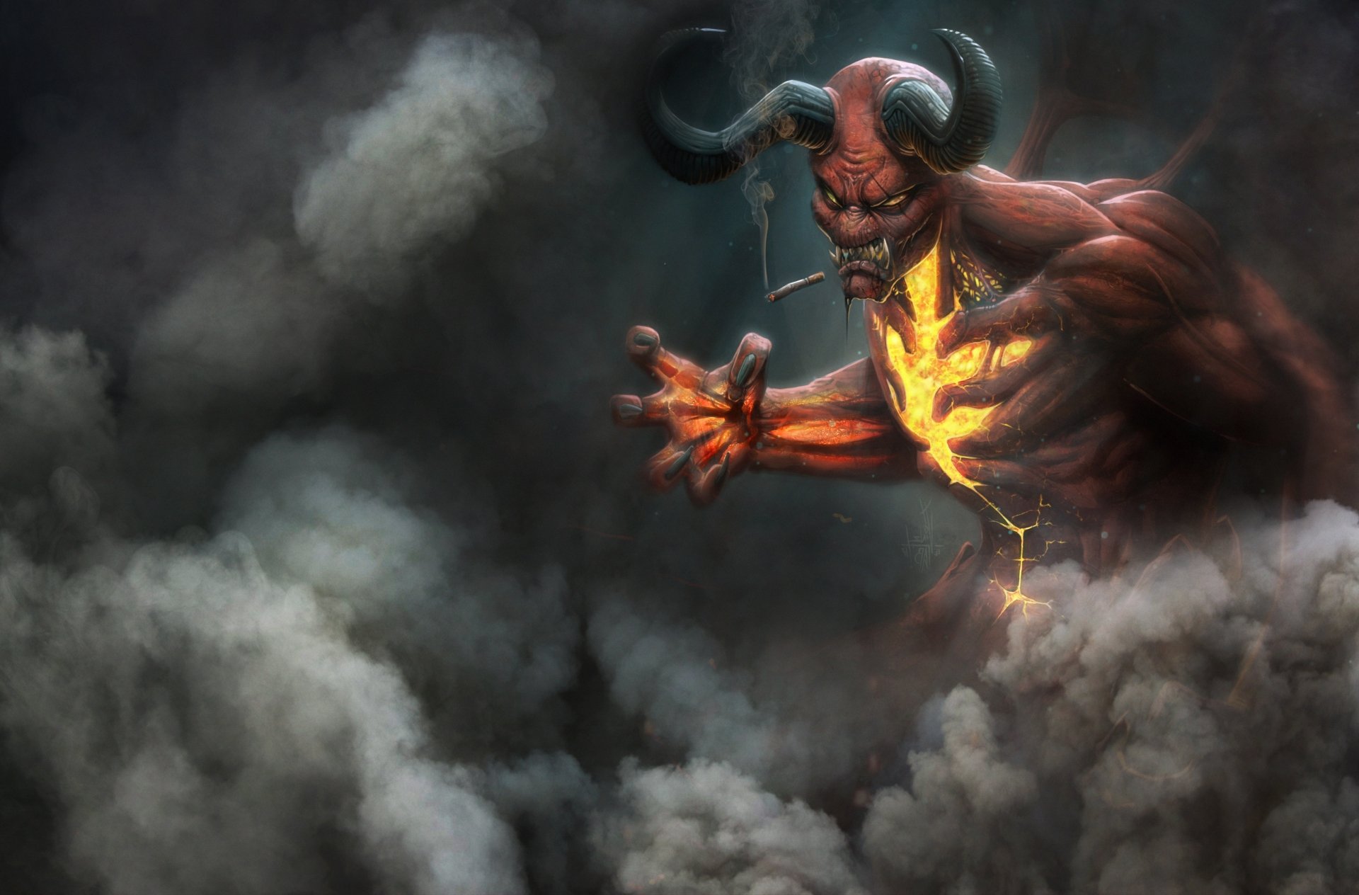 Dark 2K Quad HD PC desktop wallpaper: horned demon with glowing chest cracks smokes amid swirling smoke and clouds, reaching outward in a shadowy, fiery-lit scene.
