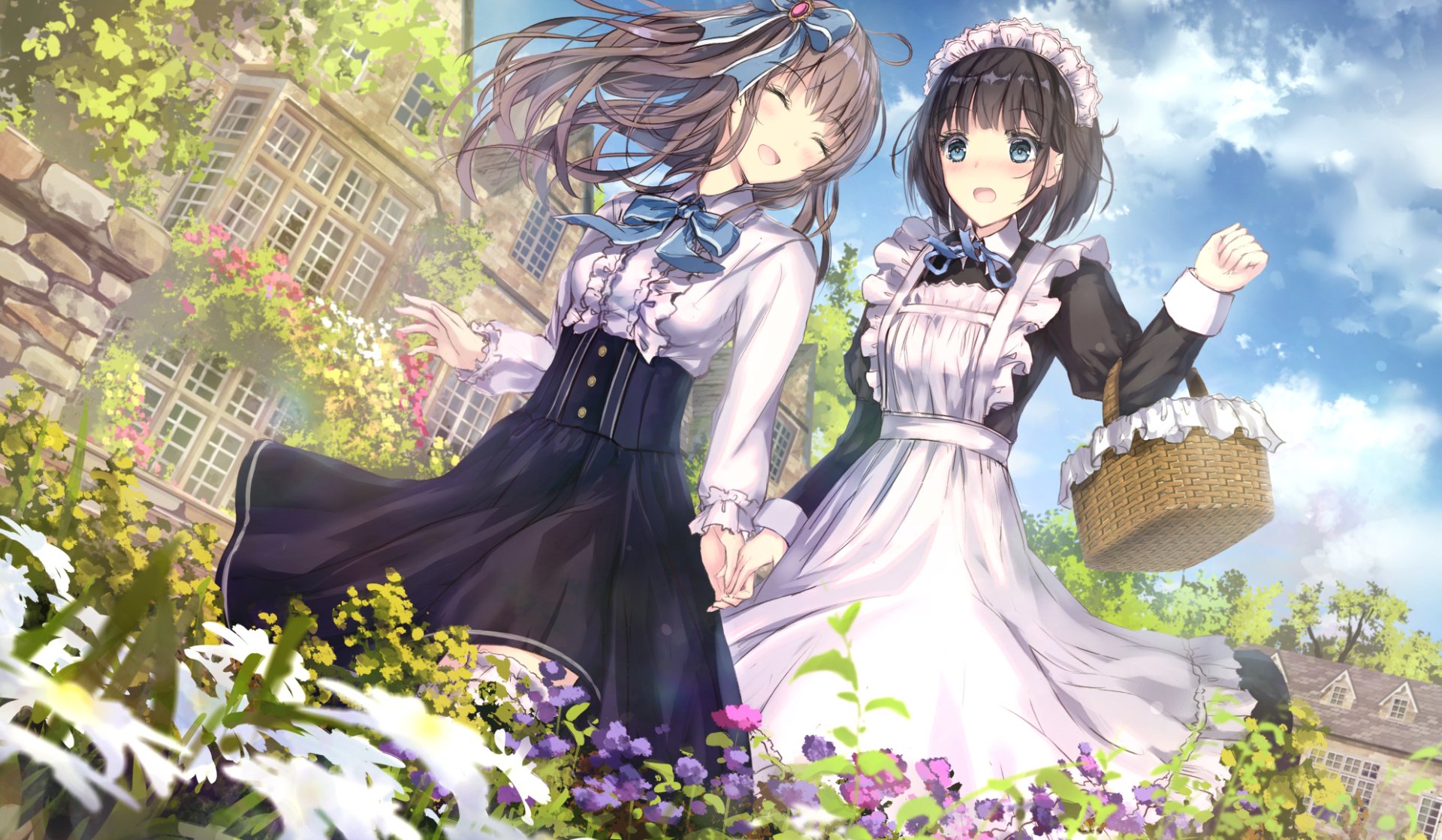 Anime wallpaper featuring two maids with brown and black hair, long and short respectively. They are in a garden filled with flowers, holding hands, with one carrying a basket. The background shows a building.