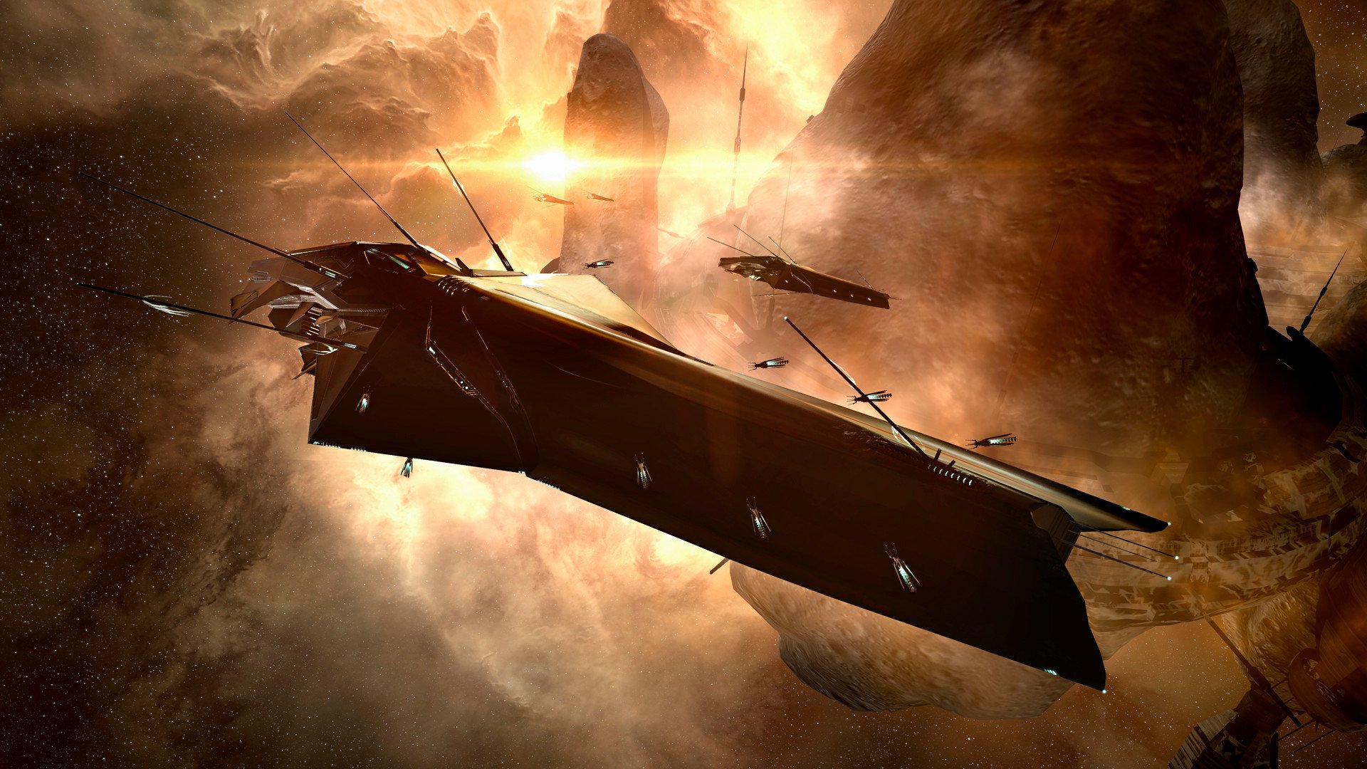 HD PC desktop wallpaper of a Drifter Battleship from Drifters (EVE Online): a dark spaceship gliding through an asteroid-lit nebula — video game EVE Online background.