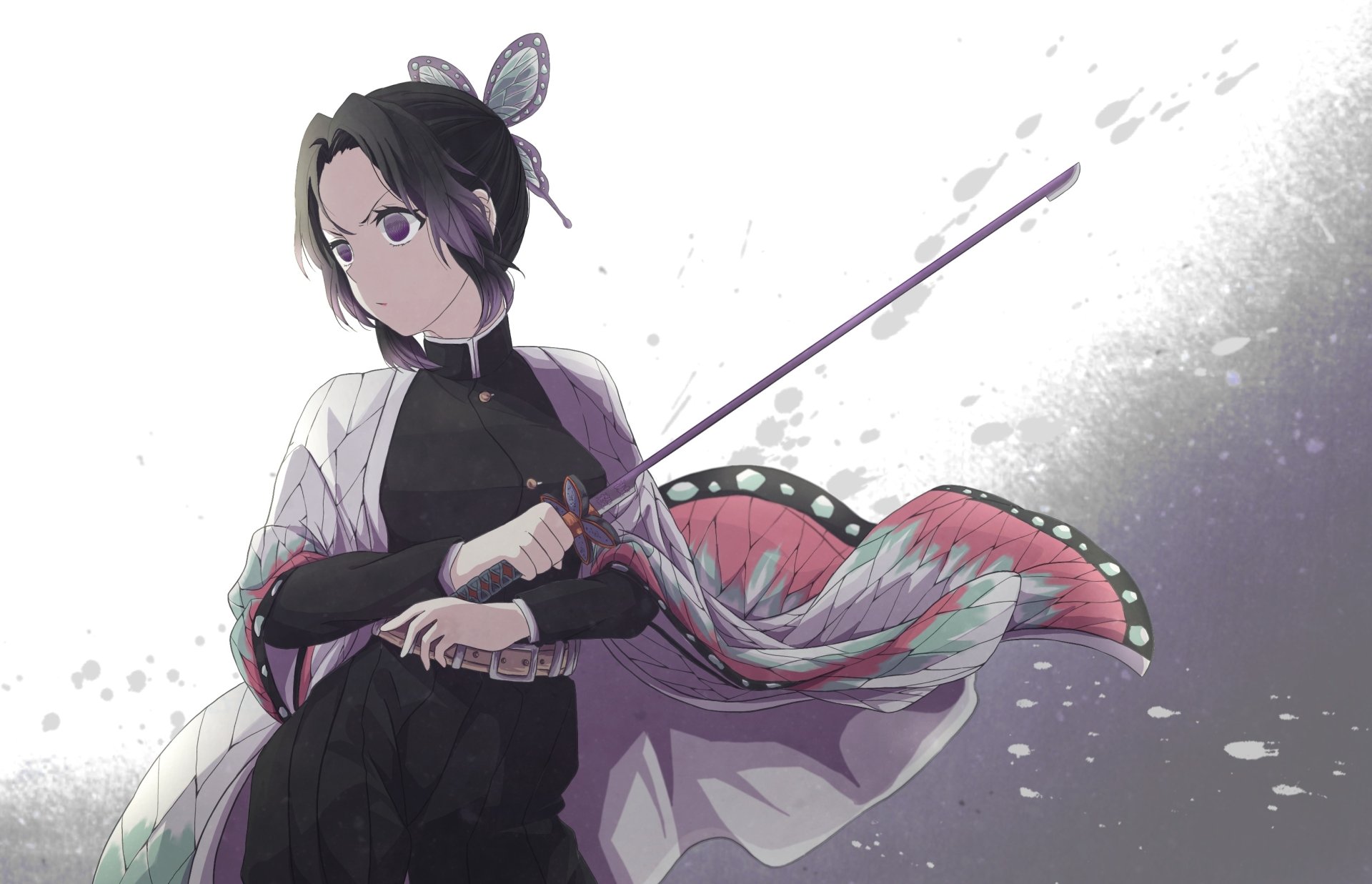 HD desktop wallpaper featuring Shinobu Kochou from the anime Demon Slayer: Kimetsu no Yaiba, holding her sword with a composed expression.
