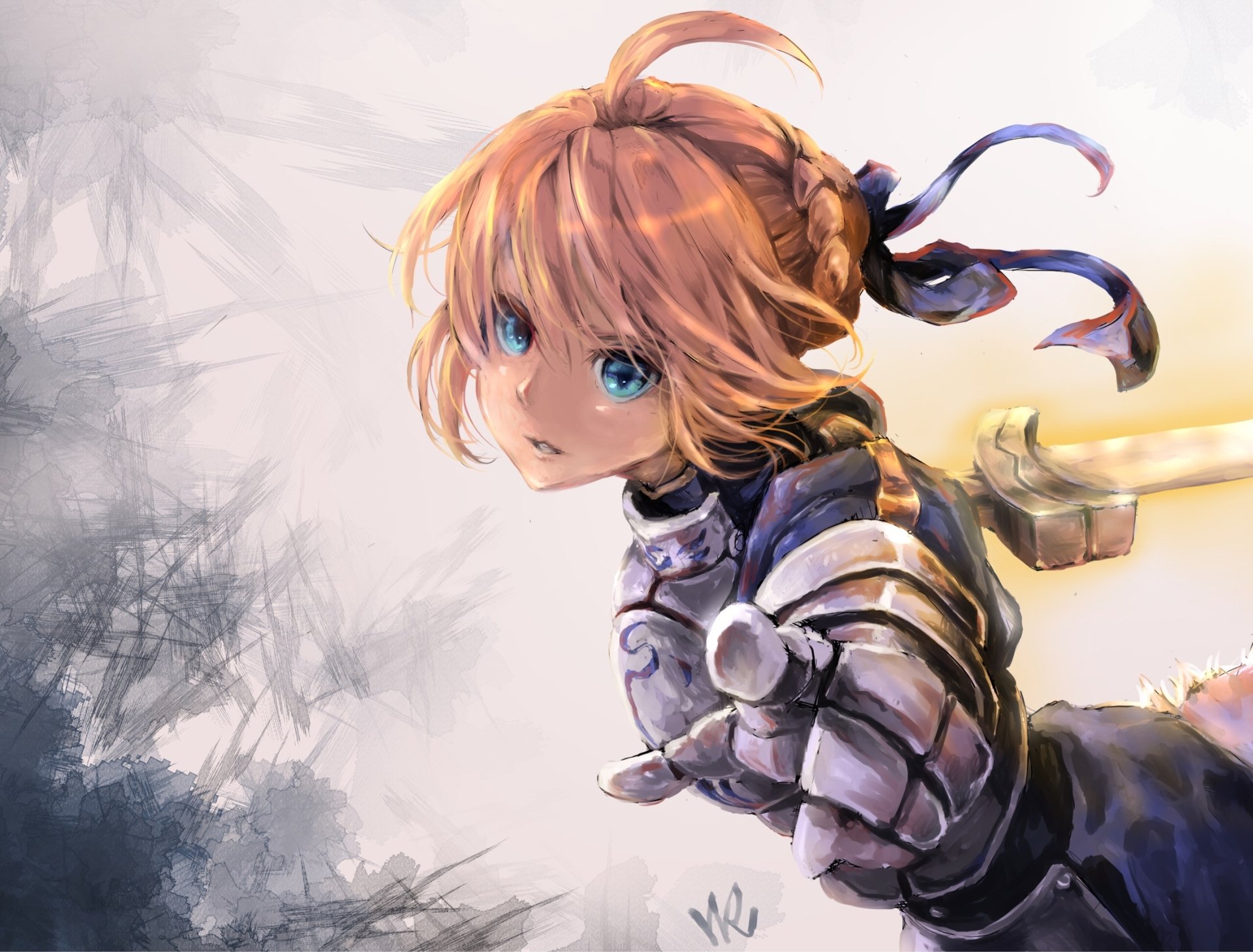 HD anime wallpaper featuring Saber (Artoria Pendragon) from Fate/Stay Night: Unlimited Blade Works, showcasing her determined expression and iconic armor.