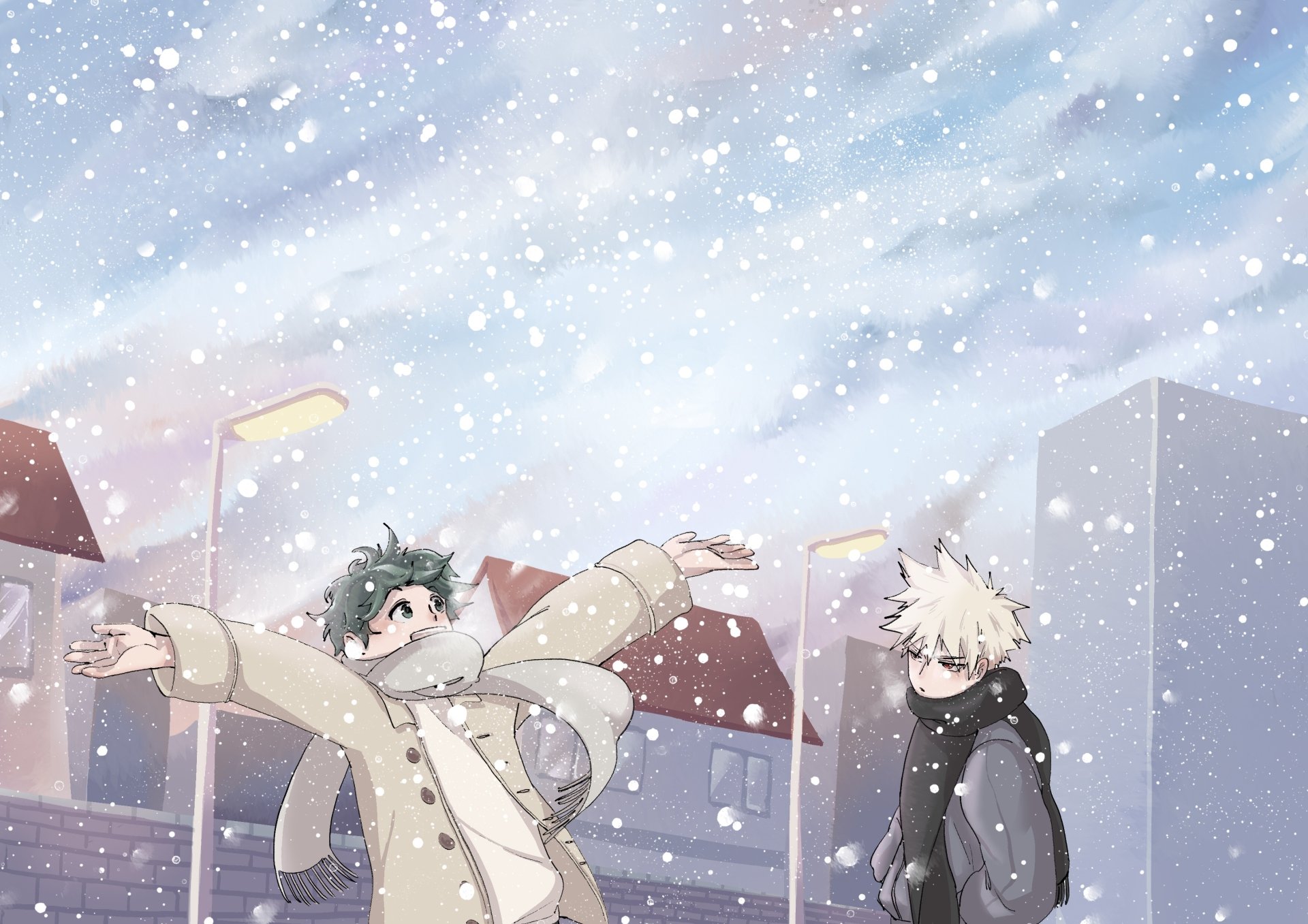 Download Jacket Street Light Winter Scarf White Hair Green Hair Snowfall Katsuki Bakugou Izuku Midoriya Anime My Hero Academia Winter Anime HD Wallpaper by Roro-whalee