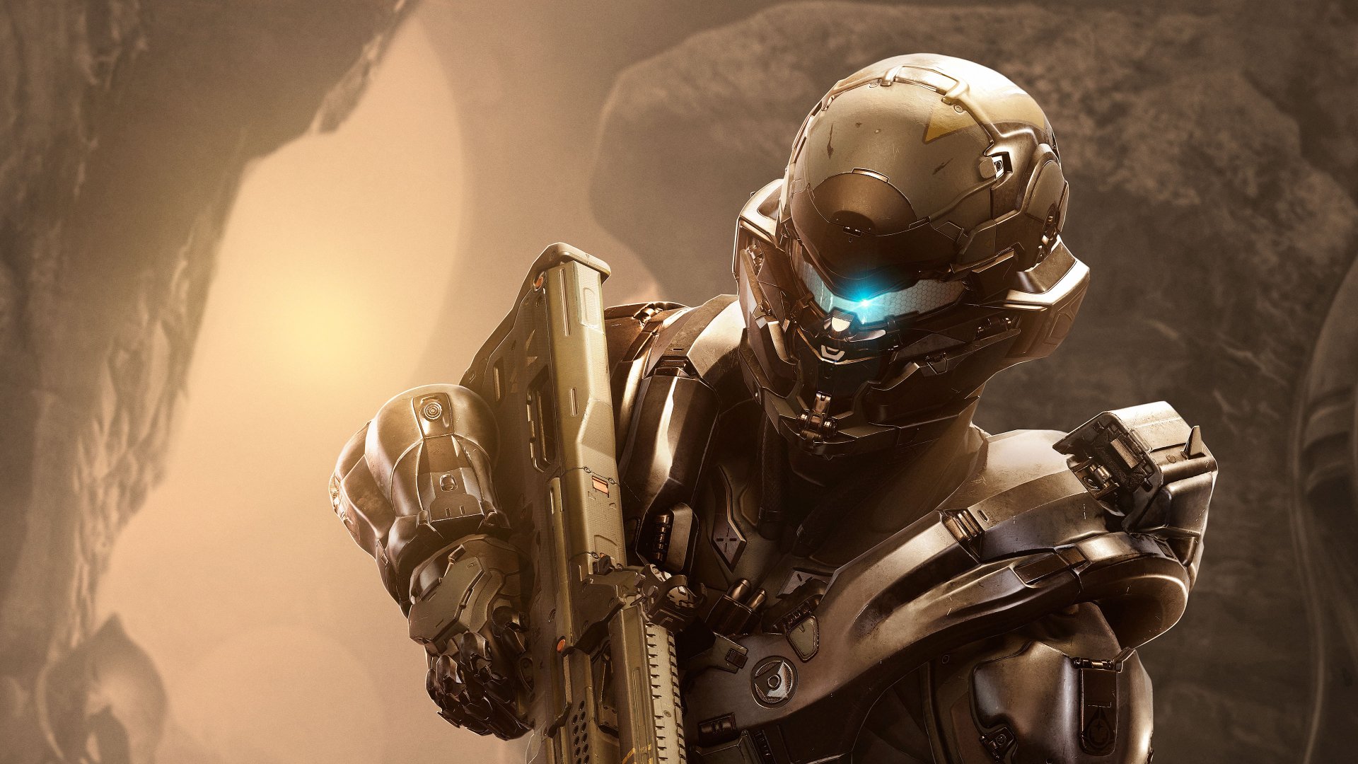4K Ultra HD PC desktop wallpaper featuring a detailed armored Spartan soldier from the video game Halo 5: Guardians, set against a dimly lit cave background.