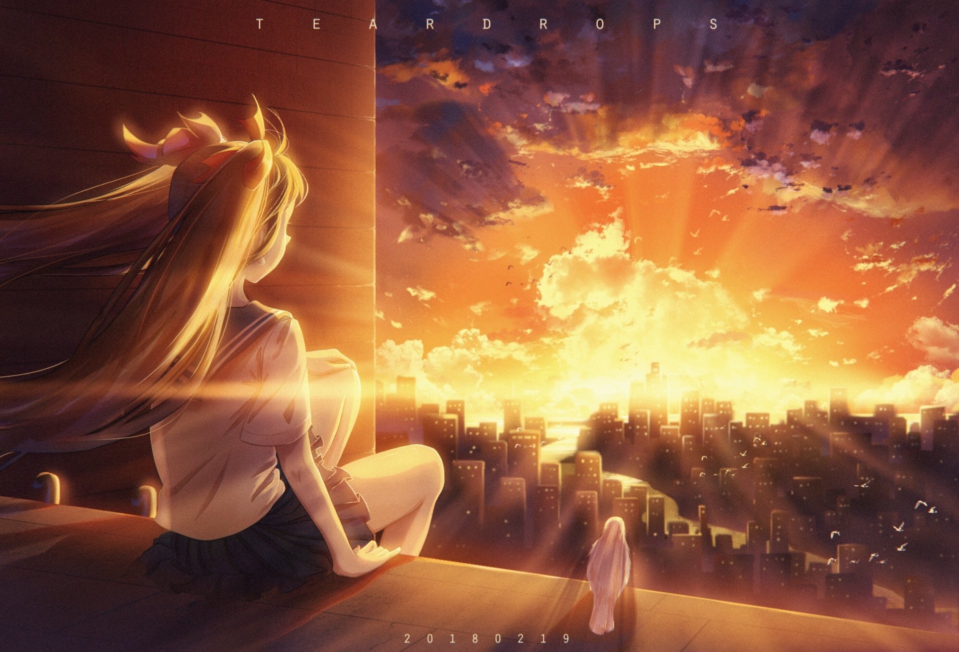 Anime girl with blonde twintails sits overlooking a city and a stunning sunset, with a bird flying nearby. HD desktop wallpaper and background.