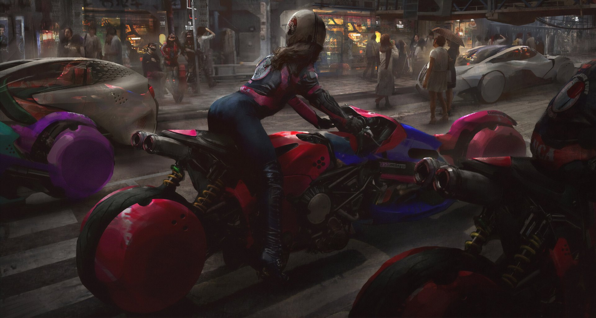 A person in futuristic gear rides a sci-fi motorcycle through a busy cyberpunk city street, surrounded by advanced vehicles and a bustling crowd. HD desktop wallpaper and background.