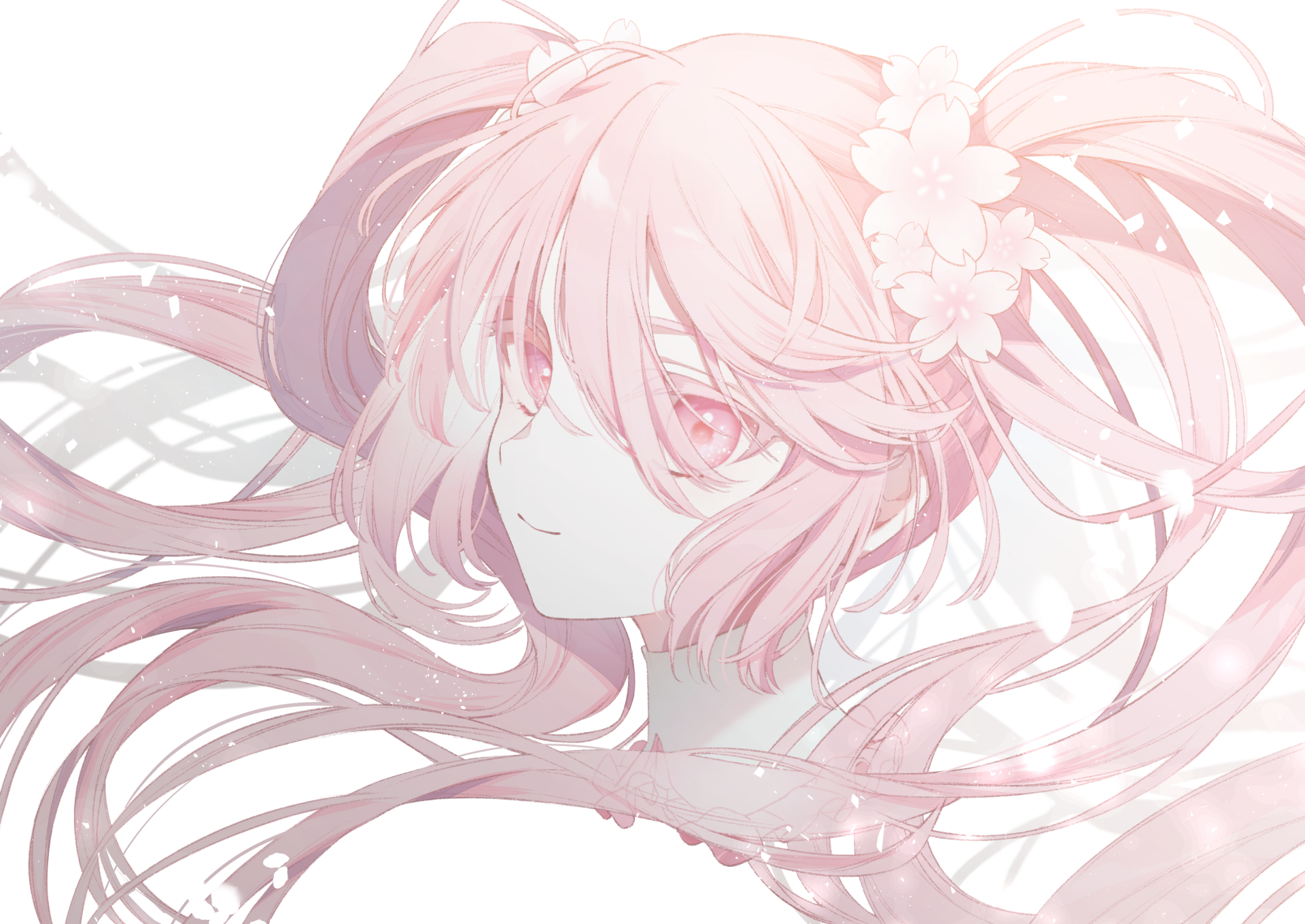 HD PC desktop wallpaper featuring Sakura Miku from Vocaloid in a soft, pastel anime style with flowing hair and cherry blossom accents.