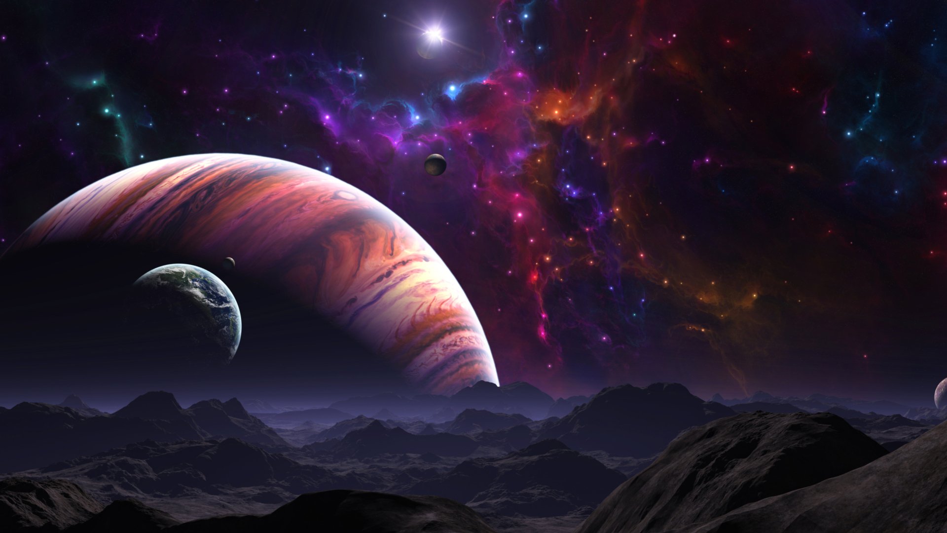 HD desktop wallpaper of a vibrant planetscape with a large, colorful planet rising over a rugged mountainous terrain under a star-filled cosmic sky.