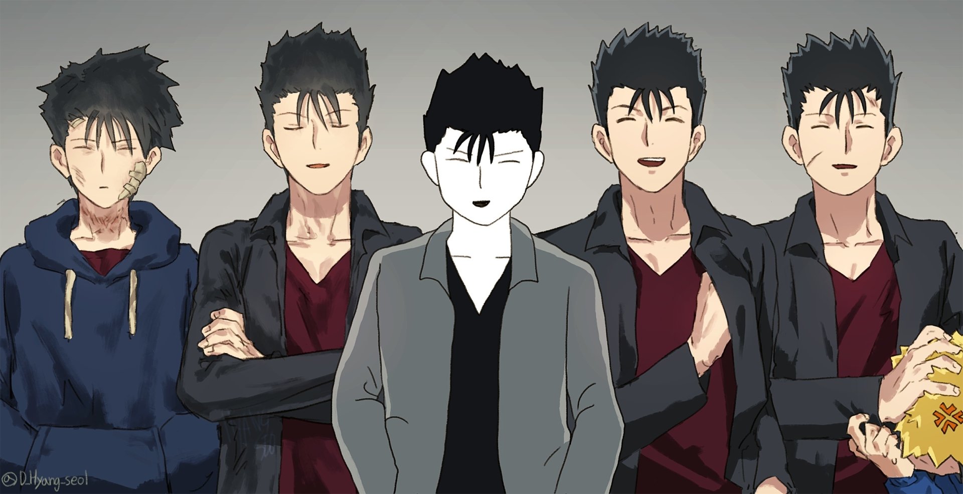 HD PC desktop wallpaper of Ryo Shimazaki from Mob Psycho 100: central monochrome-styled figure in a gray coat flanked by four casual-clad variants against a muted gray backdrop.