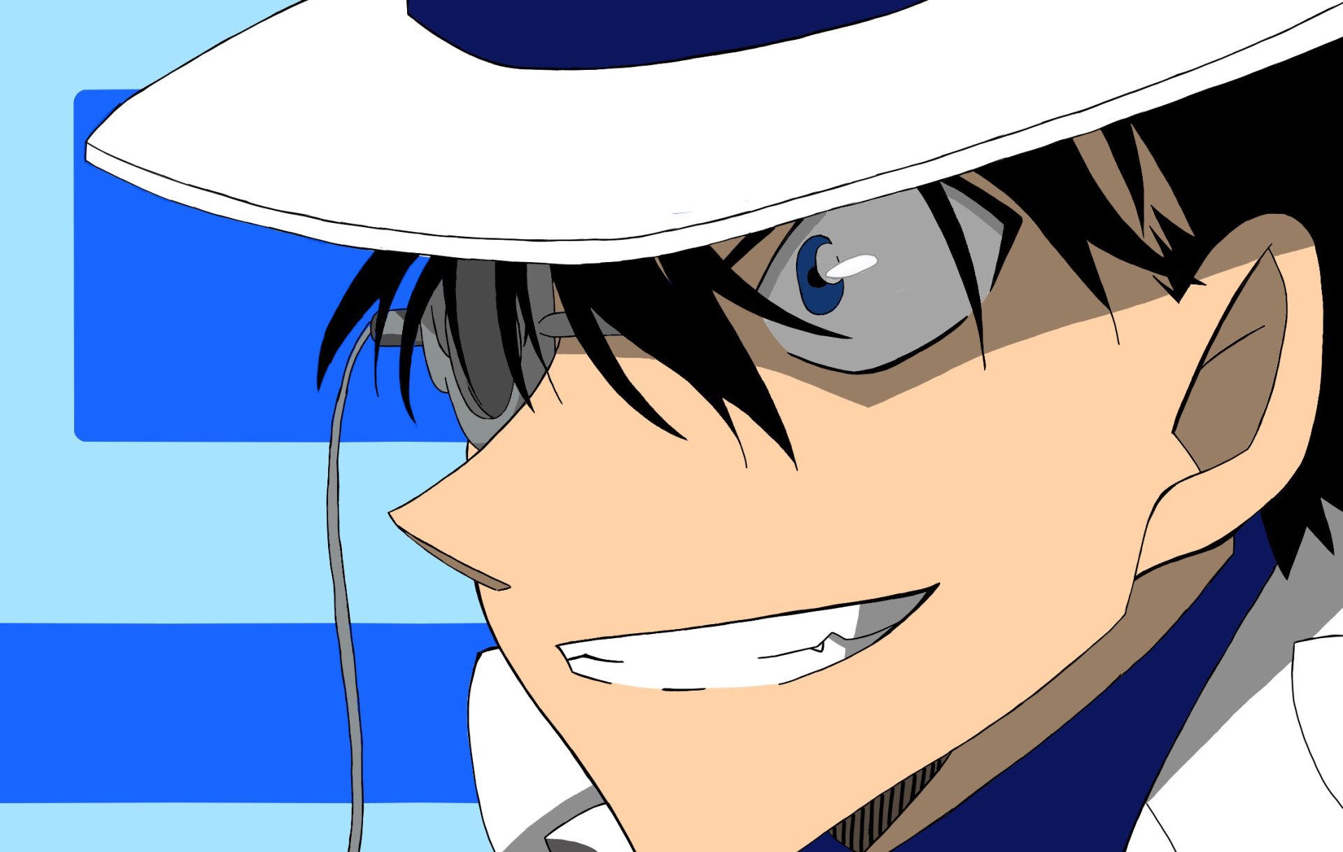 Close-up of Kaito Kuroba (Detective Conan) grinning in a white top hat and mask — anime HD PC desktop wallpaper with bold blue geometric background.