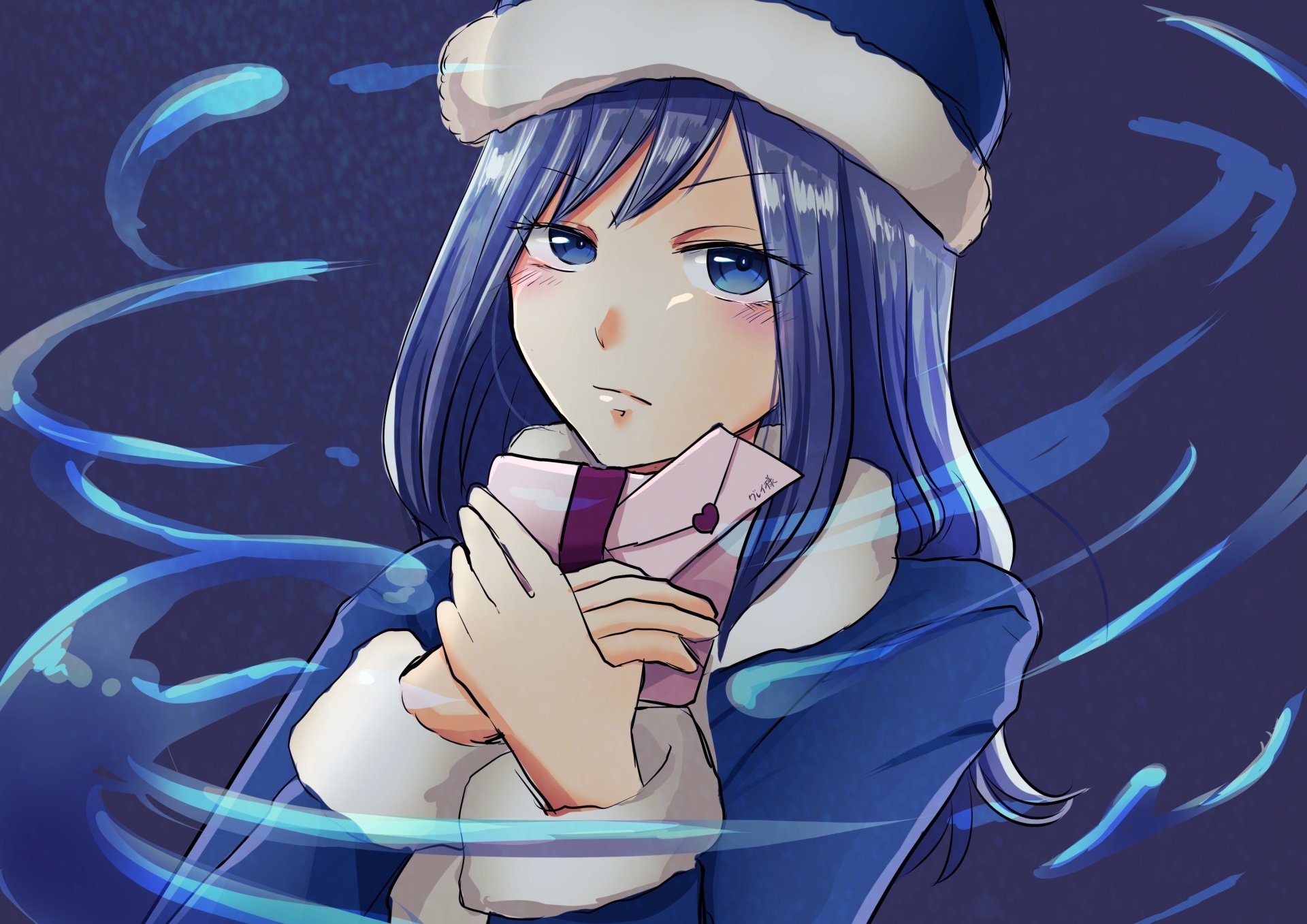 HD PC desktop wallpaper featuring Juvia Lockser from the anime Fairy Tail, depicted with flowing blue hair and a snowy blue outfit.