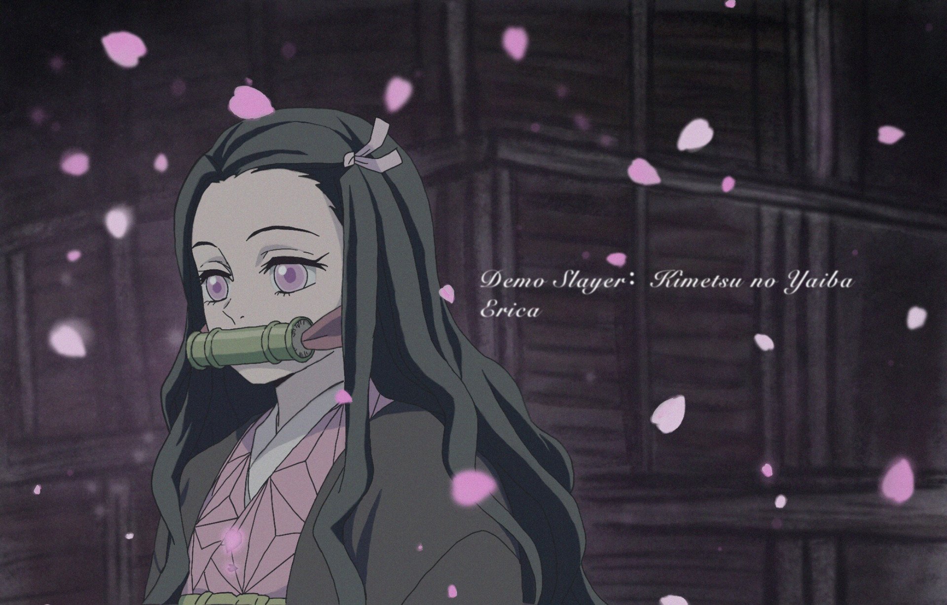 HD PC wallpaper featuring Nezuko Kamado from Demon Slayer: Kimetsu no Yaiba, with a sword and falling cherry blossom petals in an anime style.