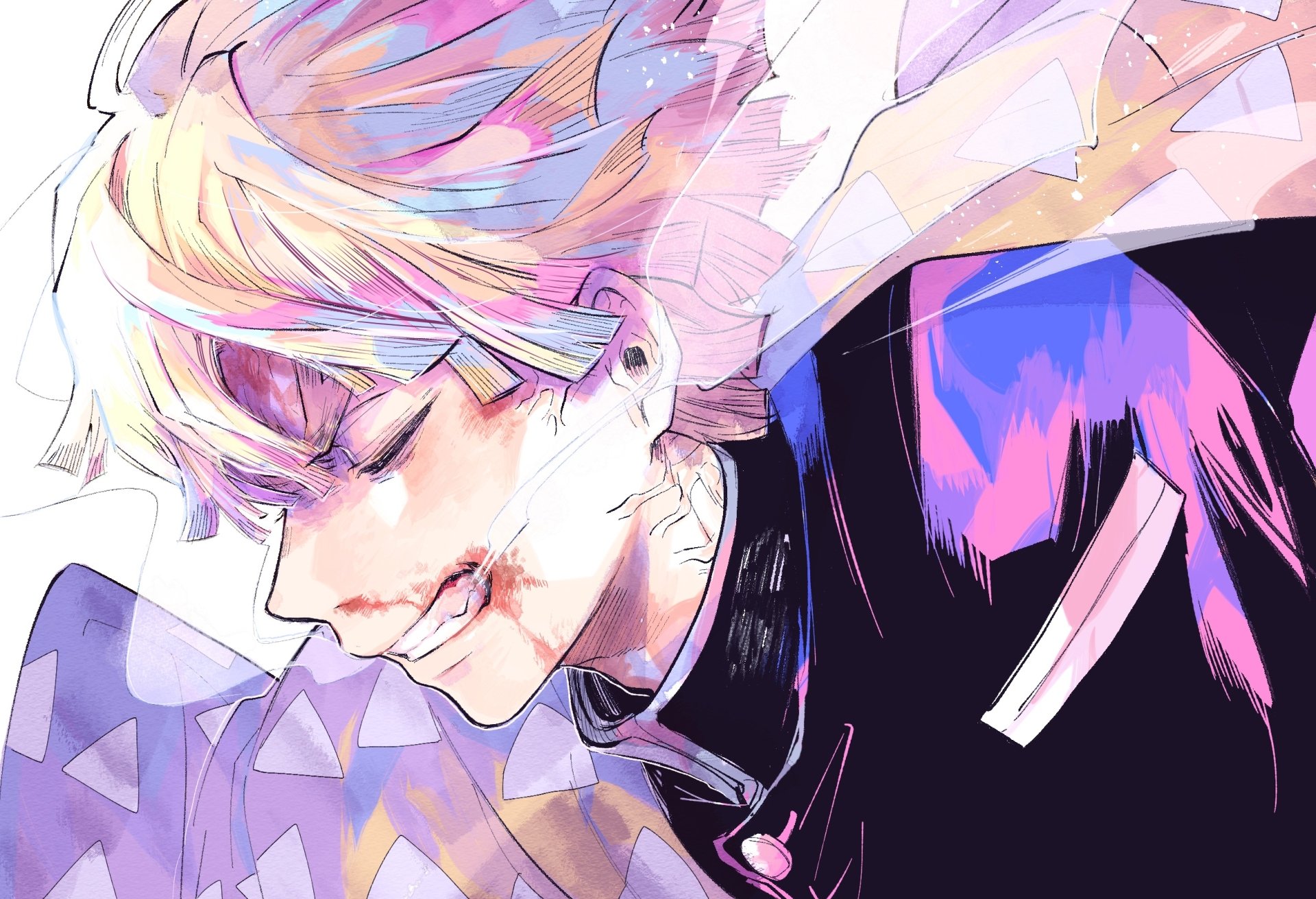 HD desktop wallpaper and background of Zenitsu Agatsuma from the anime Demon Slayer: Kimetsu no Yaiba, featuring a close-up, colorful and dynamic artistic depiction of the character.